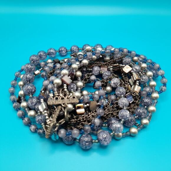 Chico’s Layered Beaded Necklace Silver Tone Glass Pearl Shell 7 Strands 30” - Picture 15 of 15